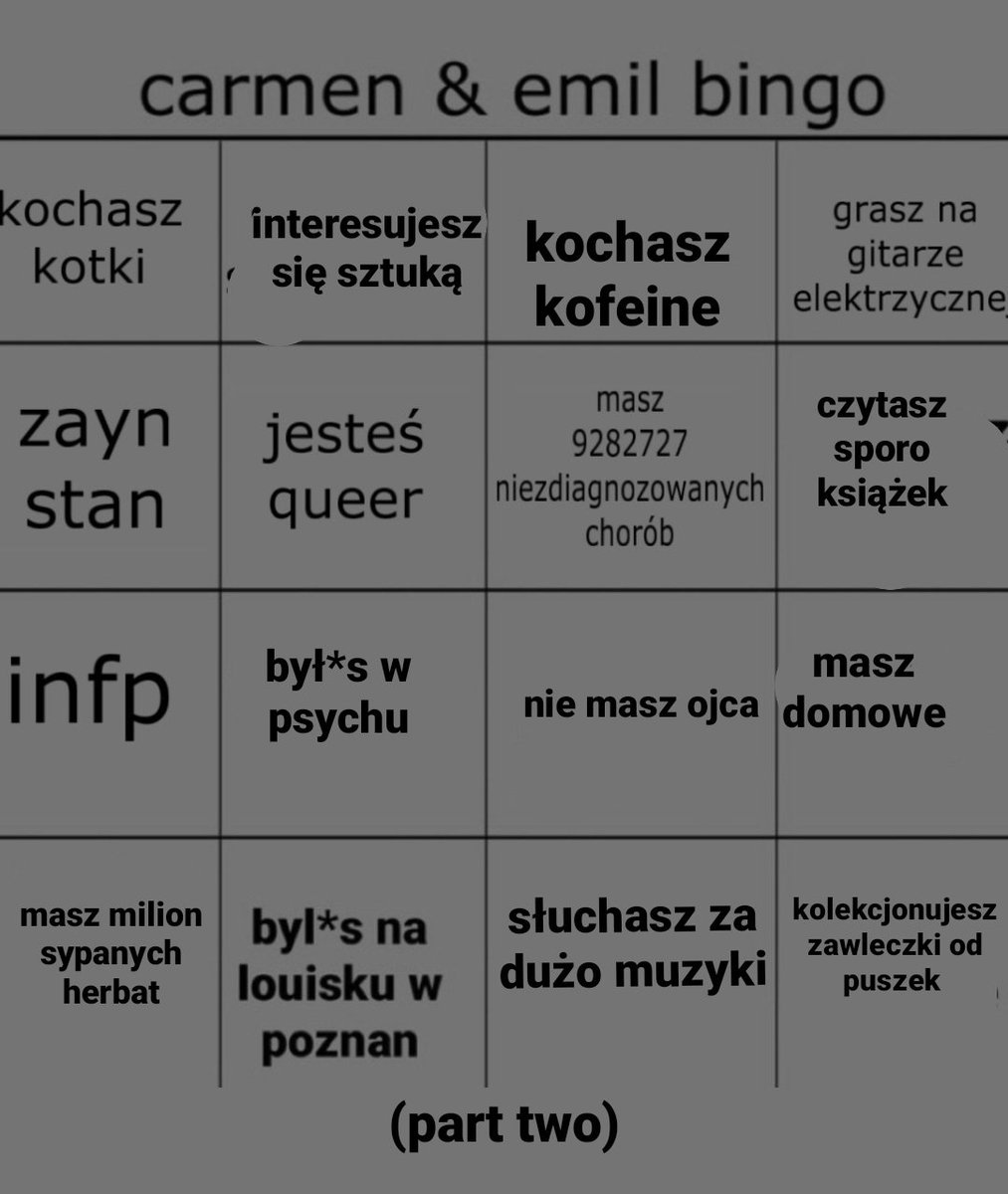 czesc, zrobiłem bingo z <a href="/NonOmnisMorial/">Karmelek (²⁸) loves ben</a> więc możecie zaznaczać ile macie i wysyłac ss w komentarzach!!!!! (my mamy za dużo jak cos)