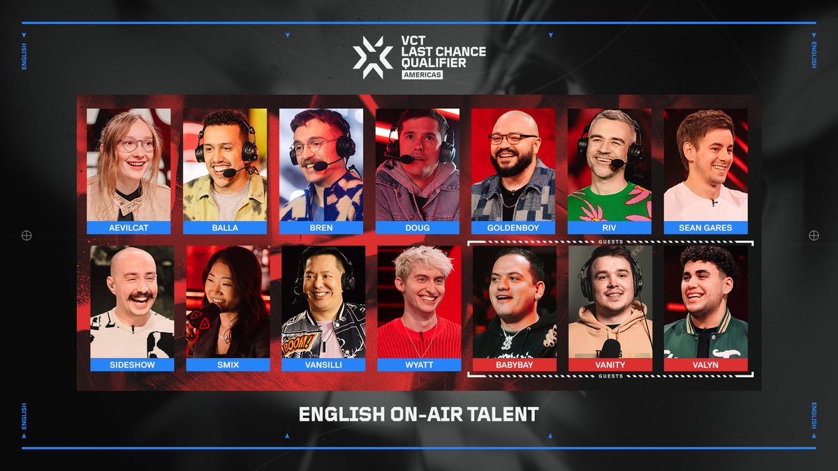 Time to put on a show. Introducing our amazing broadcast talent for #VALORANTLCQ! @aEvilcat @Ballatw @BrenCasts @EsportsDoug @GoldenboyFTW @RivingtonThe3rd @seangares @SideshowGaming @Smix @Vansilli @wyattriver_ @KING_BABYBAY @Vanityxz @valynfps