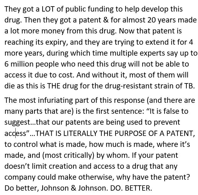 CLSRoach's tweet photo. #PatientsNotPatents  We aren't stupid, J&amp;J. And who needs a blue check to say all they want to say? Not me: https://t.co/jidAR6ky3J