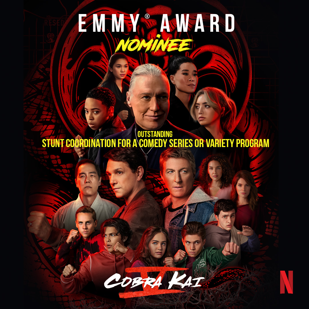 CobraKaiSeries's tweet photo. Badass! Honored to have Season 5's incredible stunt coordination nominated for an Emmy Award by the @TelevisionAcad https://t.co/mbt2ZGVNuZ