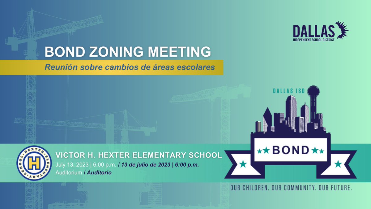 You are invited to attend a meeting to discuss an amendment to the zoning for the Victor H. Hexter Elementary School.  The meeting will be held at the Victor H. Hexter Elementary School Auditorium on Thursday, July 13, 2023, at 6:00 p.m. #BuildingBIG #DallasISDBond