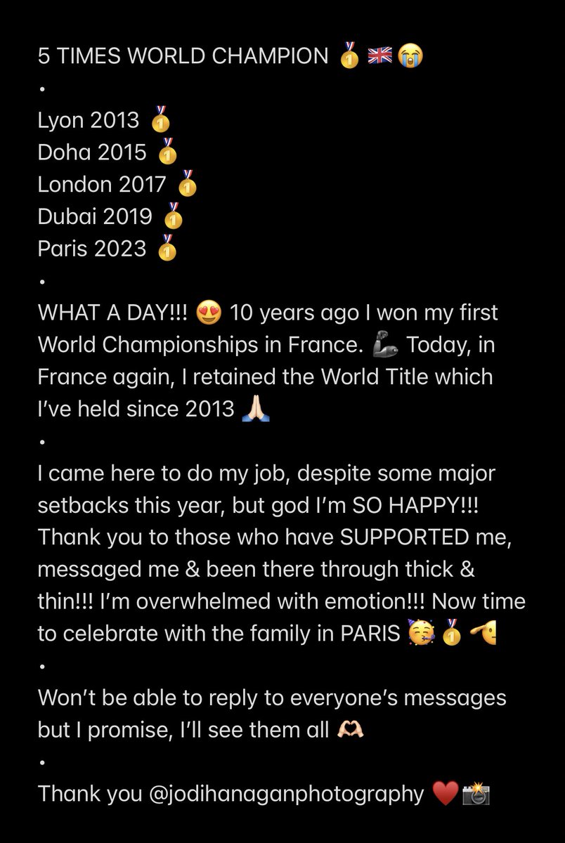 5 TIMES WORLD CHAMPION 🥇🇬🇧😭
•
Lyon 2013 🥇
Doha 2015 🥇
London 2017 🥇
Dubai 2019 🥇
Paris 2023 🥇
•
WHAT A DAY!!! 😍 10 years ago I won my first World Championships in France. 🦾 Today, in France again, I retained the World Title which I’ve held since 2013 🙏🏻
#GOLD #javelin