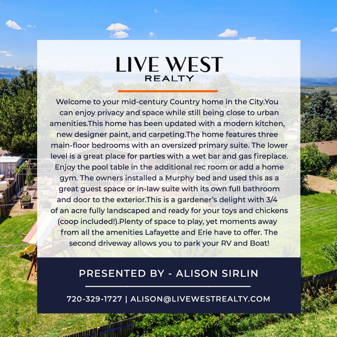 🏡 J U S T L I S T E D 🏡
2066 STONEHENGE CIR
- L A F A Y E T T E , C O -

Listing Agent: Alison Sirlin
Alison@livewestrealty.com
720-329-1727
.
.
.
.
#justlisted #lafayette #lafayettecolorado #lafayetterealestate #erie #eriecolorado #rv #boat #midcentury #midcenturyhome #country