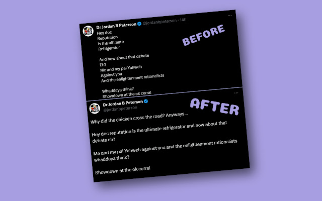 My Peterson Twitter Decypherer Chrome extension is now officially available on the Chrome Web Store.

chrome.google.com/webstore/detai…

Just click install, and enjoy a "Boomer haiku"-free experience on any Jordan Peterson Tweet.