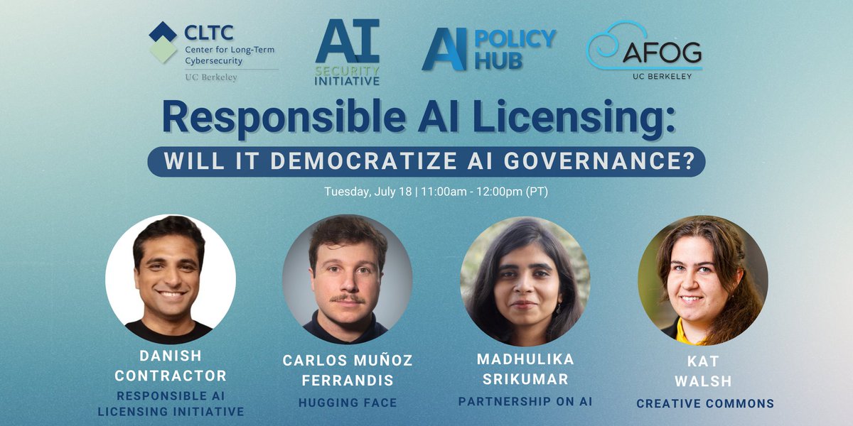 Developers, researchers, &amp; policymakers have been brainstorming ways to establish responsible #AI practices — is Responsible AI Licensing (RAIL) a solution?

Join us on July 18 for a panel discussion on the benefits, limitations, &amp; opportunities of #RAIL: eventbrite.com/e/responsible-…