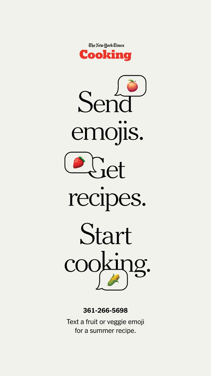 nytimes's tweet photo. Want to make the most of fleeting summer produce?

NYT Cooking has you covered. Text a fruit or veggie emoji to 361-COOK-NYT (361-266-5698) for a free summer recipe until Aug. 15. https://t.co/31xLobwU5h https://t.co/18r7Z8alhA