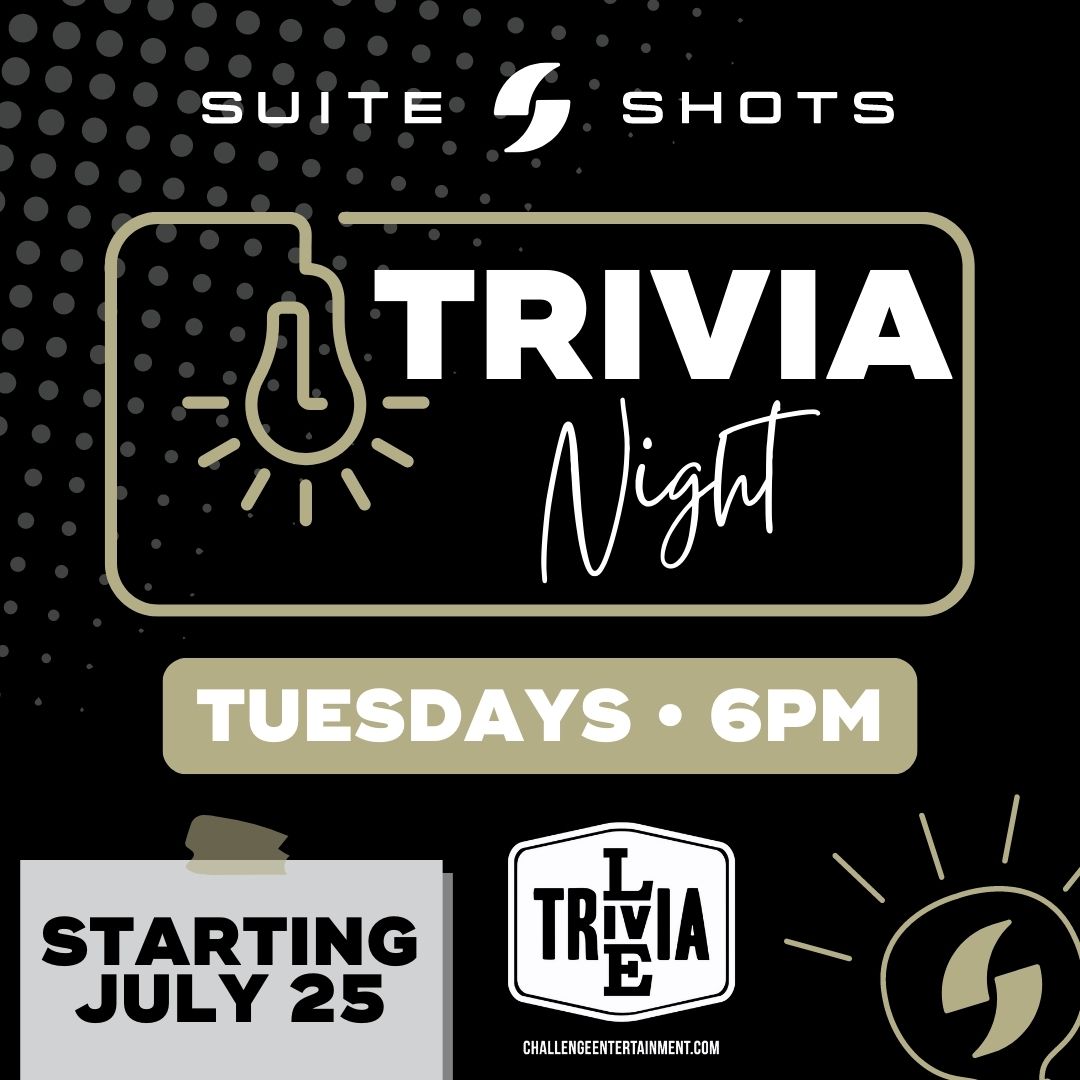 🎉 Get ready for the ultimate trivia showdown at Suite Shots! 🎉 
Starting July 25th: it's Trivia Tuesdays every week at 6pm! 🏆

✨ Best part? It's always FREE to play! ✨ Powered by @Challenge_Ent
#TriviaTuesdays #TacosAndTrivia #SuiteShots #ItsGonnaBeSuite