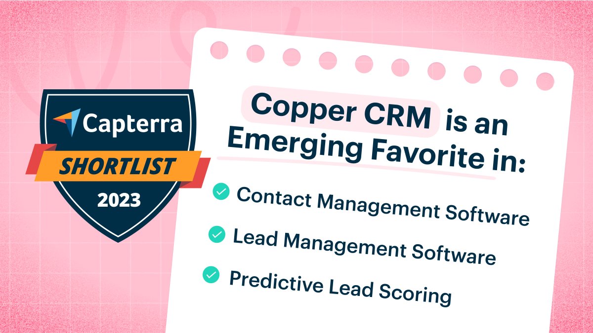 CopperInc's tweet image. Our latest awards from @Capterra have our Product team grinning 😄 Thanks for the love 🙏

#crmawards #contactmanagement #leadmanagement #leadscoring