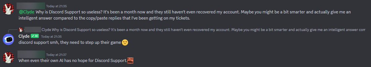 MagicMonkey1988's tweet photo. @discord_support Looks like Clyde will eventually have better Support than actual Discord Support.🤣 https://t.co/twmAs7PEoM