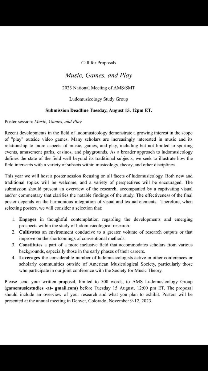 AnatoneRich's tweet photo. Video game music friends! Please view and share our #cfp for the AMS/SMT #ludomusicology study group this year! We will be hosting a poster session this year, and deadline to submit is 8/15. #gameaudio #chiptunes #vgm @AMS_musicology @SMT_musictheory @Ludomusicology https://t.co/aUTVXhygpT