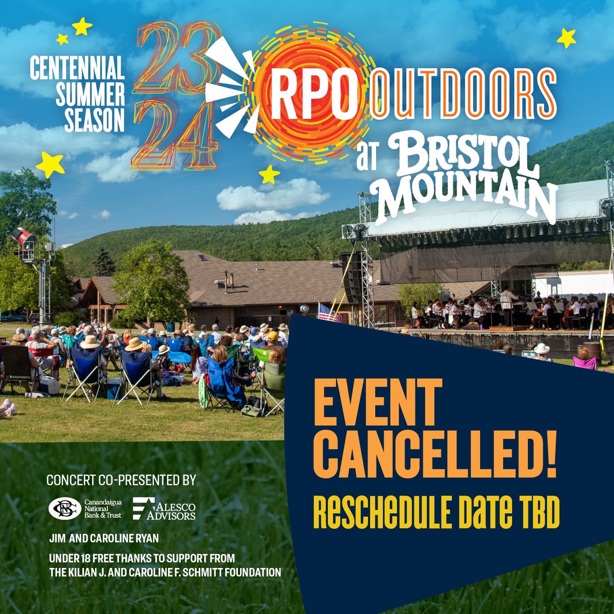 RPO@Bristol Mountain, set for July 13, has been CANCELLED due to heavy rainfall in the Canandaigua area. A reschedule date is TBD. Tickets purchased for the concert may be returned for a refund by contacting RPO Patron Services at 585-454-2100 or patronservices@rpo.org.