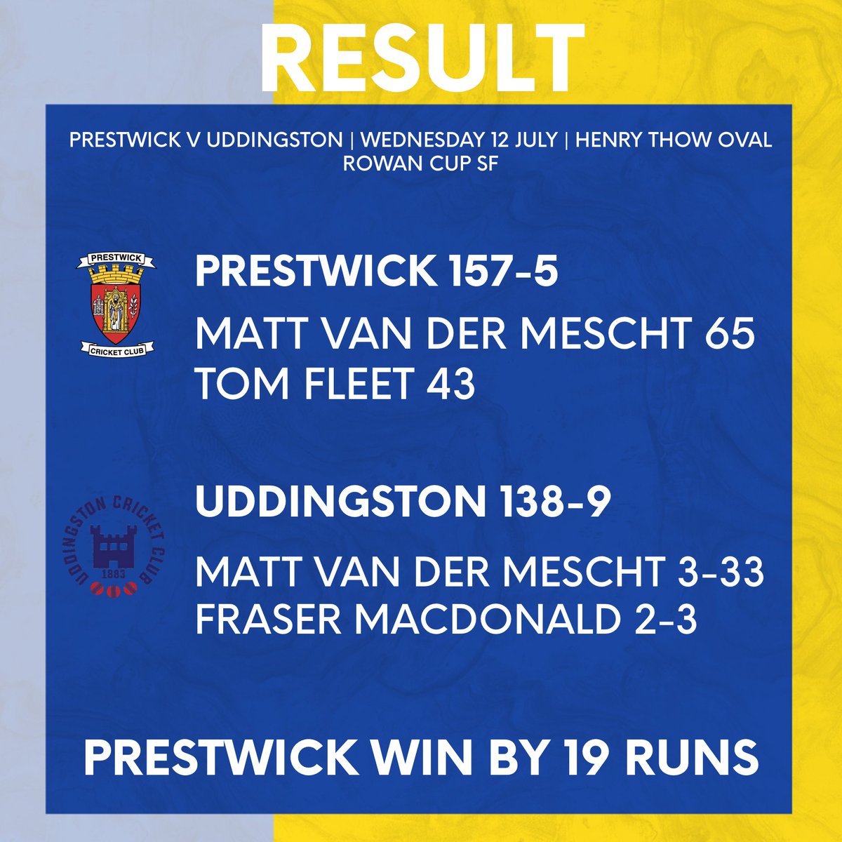 🏆| RESULT

Prestwick progress to the Rowan Cup Final after an excellent fight back against Uddingston and a brilliant man of the match performance from Matt Van Der Mescht.

We will face the winner of Langside v GHK on July 23rd. 

Full scorecard: wdculive.com/match/137111-6…

#MTW