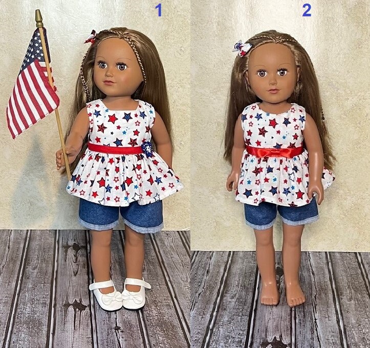 and_beanie's tweet photo. Only A Few Left And Going Fast! Patriotic Independence Day, Laber Day Shorts Red, White &amp; Blue Stars Top Handmade For American Dolls &amp; Other 18in Dolls. #patrioticdollshirt #usadolloutfit #july4thdolloutfit #handmadedolldress #journeydollclothes https://t.co/EwqRmLKDd3 https://t.co/OLCstriuW9