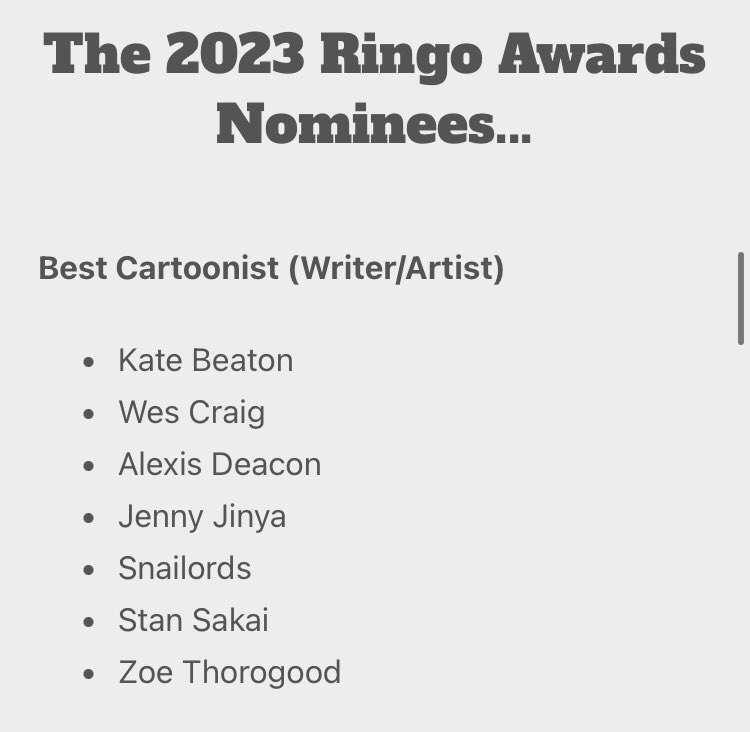 I’ve been nominated for a @ringoawards for best cartoonist and best kids comics. Pretty wild. Thanks to @TENapolitano, @WordieJason, and @erikaschnatz for making KAYA look so good.