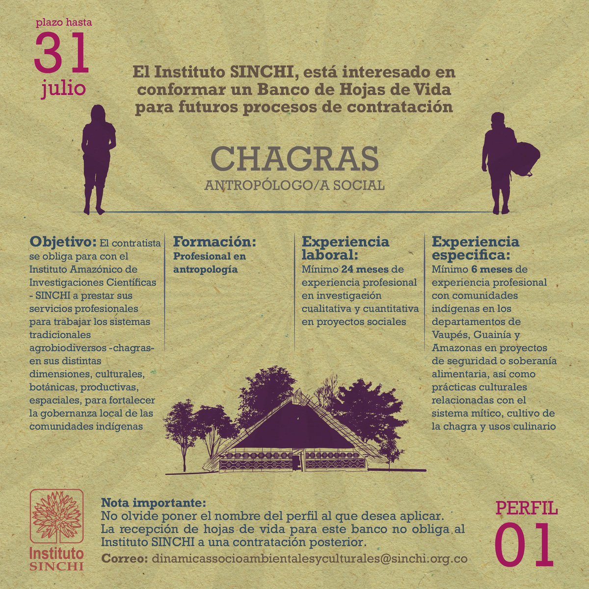 InstitutoSINCHI's tweet photo. 📣¡Atención! 

El #InstitutoSINCHI está conformando su Banco de Hojas de Vida para futuros procesos de contratación 🤝☝️📬

🔴 Lee atentamente las especificaciones y envía tu HV al correo 📩👉🏽dinamicassocioambientalesyculturales@sinchi.org.co 

🧵 Todas las convocatorias https://t.co/aLHKPbsVKE