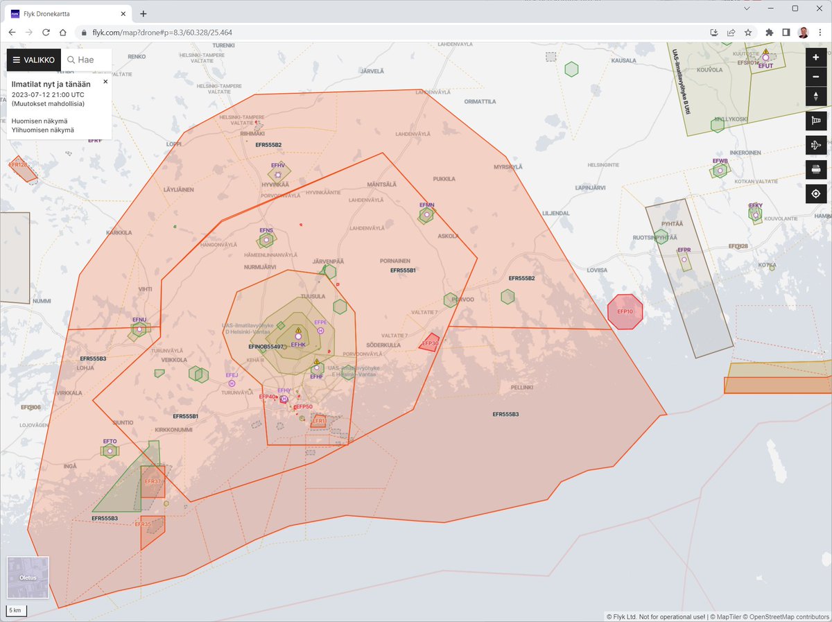 Oho, dronet maadoitettu Inkoosta Loviisaan ja pohjoisessa Riihimäelle asti. Enpä ole vastaavaa ennen nähnyt. #Bidenvisit #lentokielto