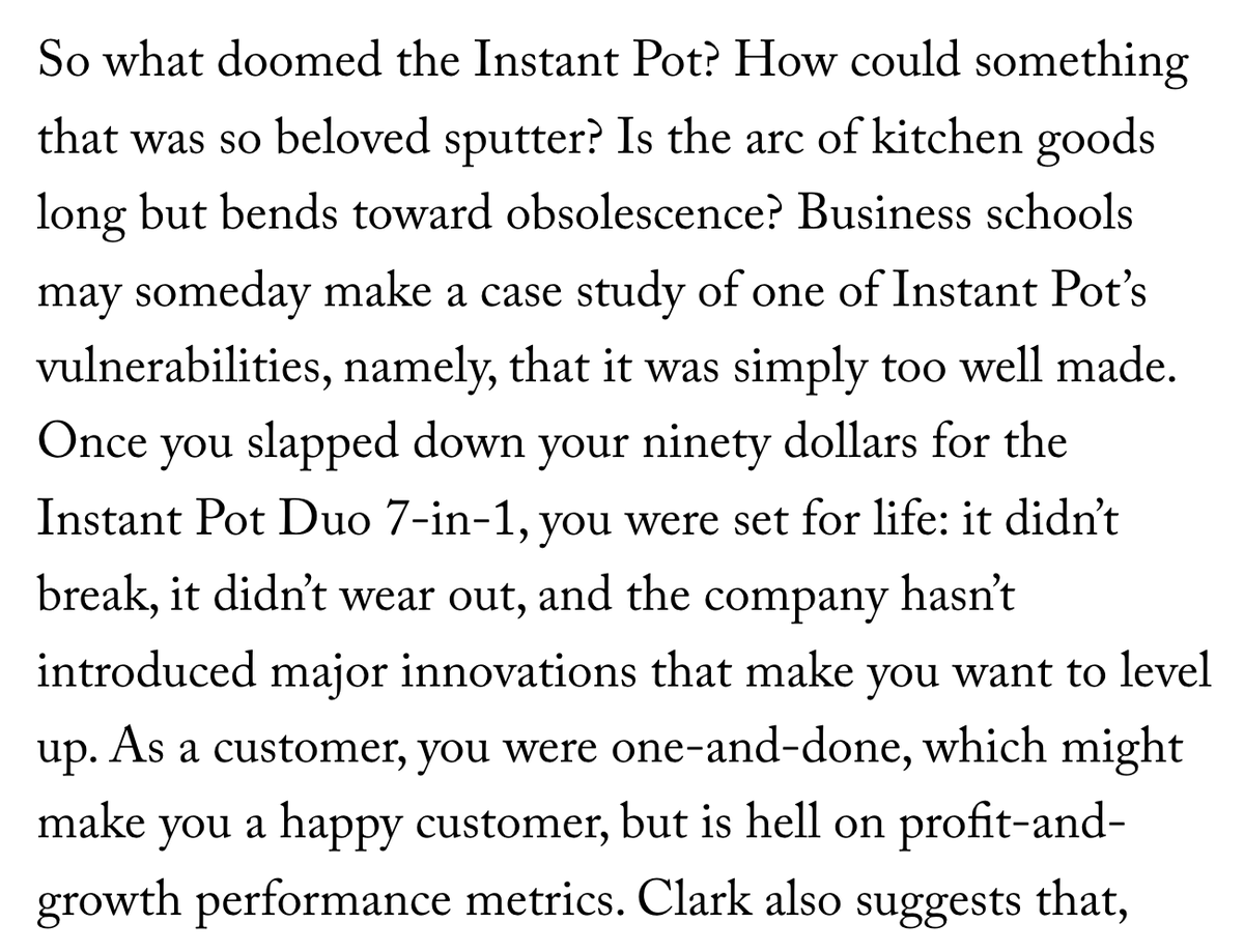 The fact that Instant Pot is already being framed as a corporate cautionary tale—the company that went bankrupt bc they made a product so durable & versatile that its customers had little need to buy another one—instead of as a critique of capitalism is deeply, deeply depressing.