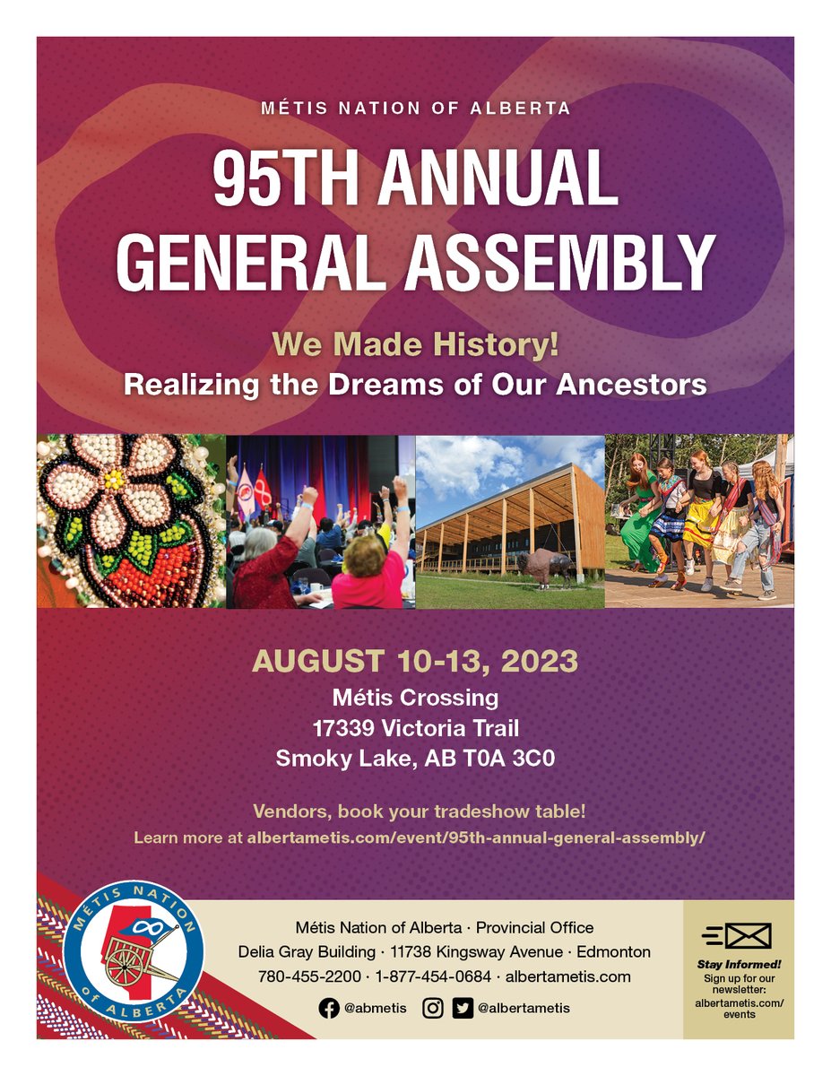 It’s our 95th Annual General Assembly August 12 and 13! All Métis Nation of Alberta Citizens are welcome to come share their voices at Métis Crossing. #ABMetis