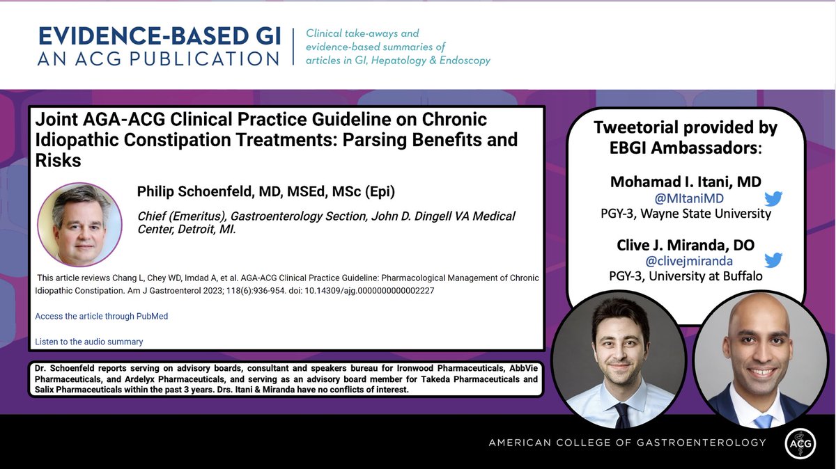 Evidence-Based GI: An ACG Publication (EBGI) (@acg_ebgi) on Twitter photo ⏰ for #EBGITweetorial🧵w/ <a href="/MItaniMD/">Mohamad I. Itani, MD</a>& <a href="/clivejmiranda/">Clive Miranda, DO, MSc</a>!
Joint AGA-ACG Clinical Practice Guideline on Chronic Idiopathic Constipation Treatments: Parsing Benefits and Risks
📜 bit.ly/EBGI-CIC <a href="/EBGIdoc/">Evidence-Based GI Doc</a>
🎧 bit.ly/CIC-POD
📰 in <a href="/AmJGastro/">AJG - The American Journal of Gastroenterology</a> bit.ly/AJG-CIC ⏰ for #EBGITweetorial🧵w/ <a href="/MItaniMD/">Mohamad I. Itani, MD</a>& <a href="/clivejmiranda/">Clive Miranda, DO, MSc</a>!
Joint AGA-ACG Clinical Practice Guideline on Chronic Idiopathic Constipation Treatments: Parsing Benefits and Risks
📜 bit.ly/EBGI-CIC <a href="/EBGIdoc/">Evidence-Based GI Doc</a>
🎧 bit.ly/CIC-POD
📰 in <a href="/AmJGastro/">AJG - The American Journal of Gastroenterology</a> bit.ly/AJG-CIC