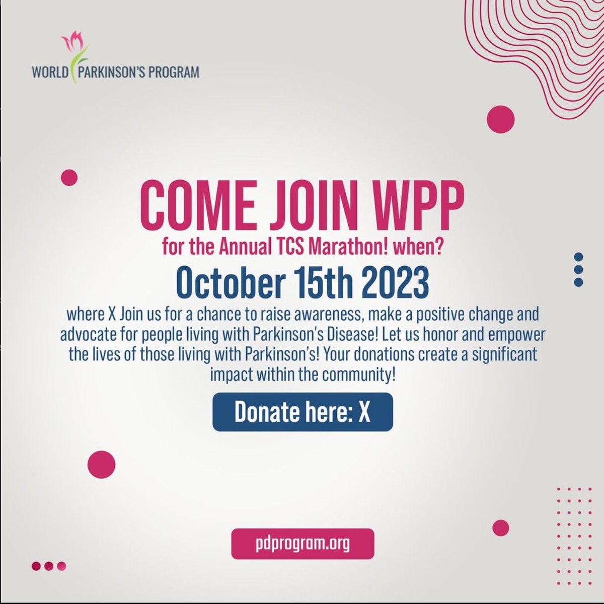 Join us for a chance to raise awareness, make a positive change and advocate for people living with Parkinson's Disease! Your donations create a significant impact on the community!

Support World Parkinson’s Program at the TCS Toronto Waterfront Marathon: pdprogram.org/donate-now