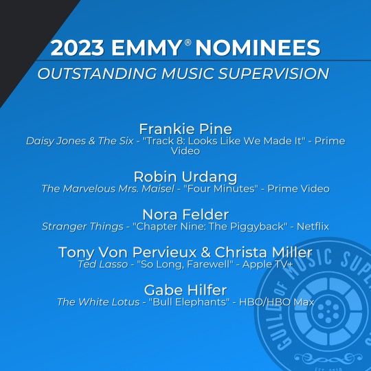 guildofmusic's tweet photo. We are so thrilled to give a huge congrats to all our colleagues nominated for an Emmy this year in the categories of Outstanding Music Supervision as well as Outstanding Original Music &amp; Lyrics! https://t.co/RMrS6k7HND