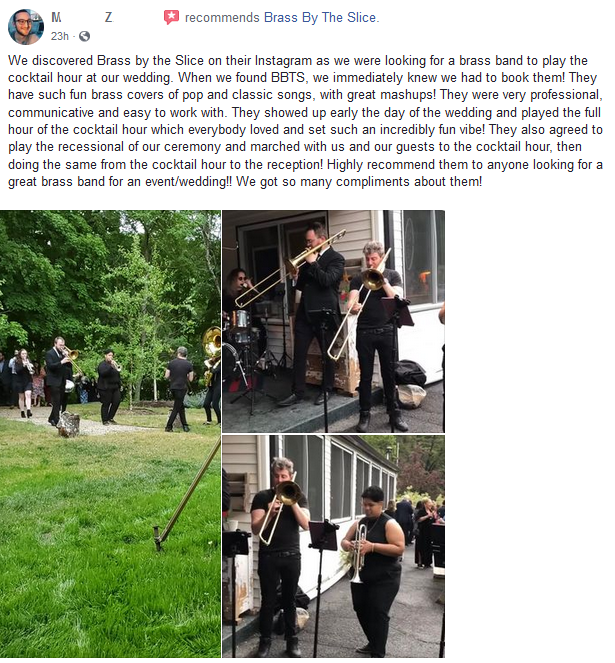 BrassByTheSlice's tweet photo. some very lovely people invited us to play their very lovely wedding and then they had some very lovely things to say

10/10 would honk again https://t.co/R2RLkvW02o