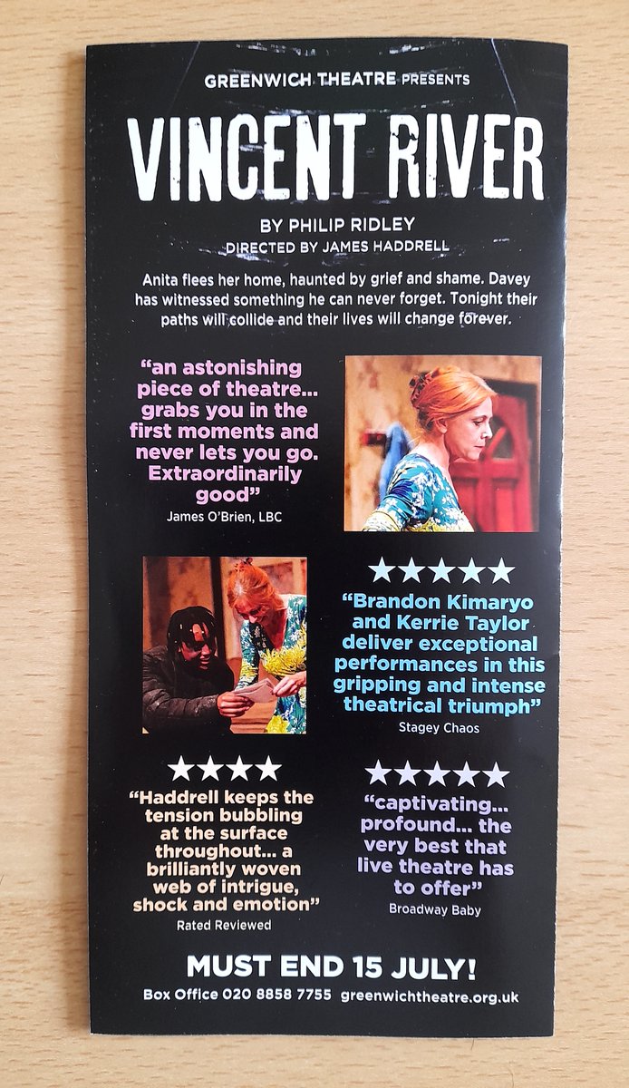 Home from <a href="/GreenwichTheatr/">Greenwich Theatre</a> after seeing Philip Ridley’s #VincentRiver, another superb in-house production directed by <a href="/JamesHaddrell/">James Haddrell</a>. Such a compelling and powerful two-hander, exquisitely performed by Kerrie Taylor &amp; Brandon Kimaryo, and so deserving of its excellent reviews.