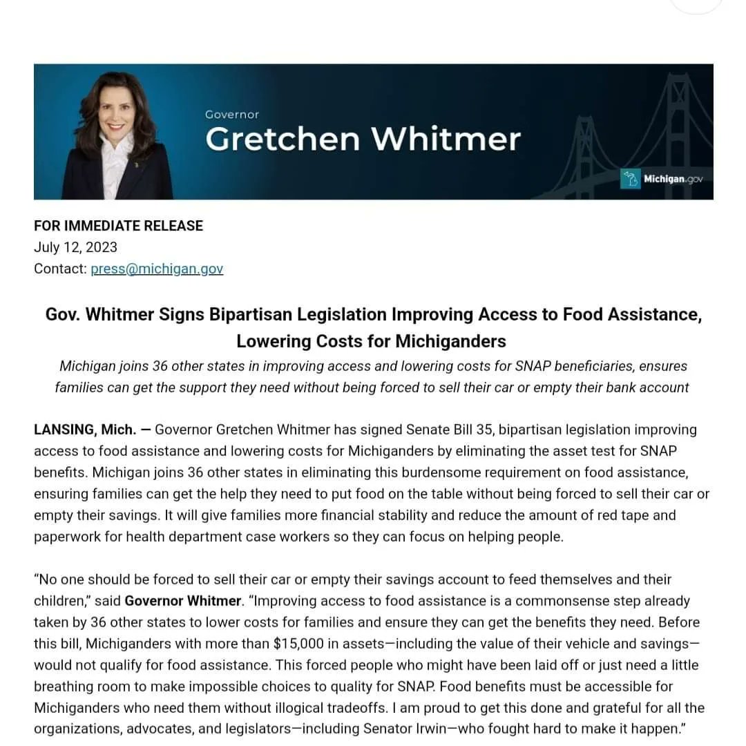 JeffMIrwin's tweet photo. Governor Gretchen Whitmer signed my bill to eliminate asset testing for SNAP benefits in Michigan.
"I’m glad that we will use national eligibility standards rather than spending state taxpayers' money to block residents from the help they need ...
1/2 https://t.co/gmt4FwwNXZ