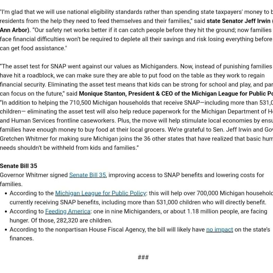 JeffMIrwin's tweet photo. Governor Gretchen Whitmer signed my bill to eliminate asset testing for SNAP benefits in Michigan.
"I’m glad that we will use national eligibility standards rather than spending state taxpayers' money to block residents from the help they need ...
1/2 https://t.co/gmt4FwwNXZ