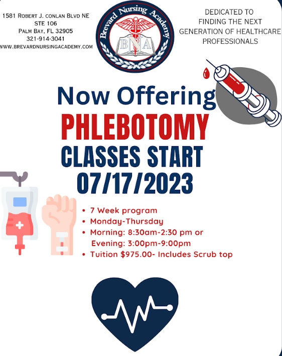 brevardnursing1's tweet image. 📣UPDATE TO CLASS SCHEDULE!!! We're excited for the start of phlebotomy classes! 🤓 Get ready to learn all the skills you need to become a certified phlebotomist. #phlebotomyclasses #phlebotomycertification #medicalfield 🧪 #BrevardNursingAcademy