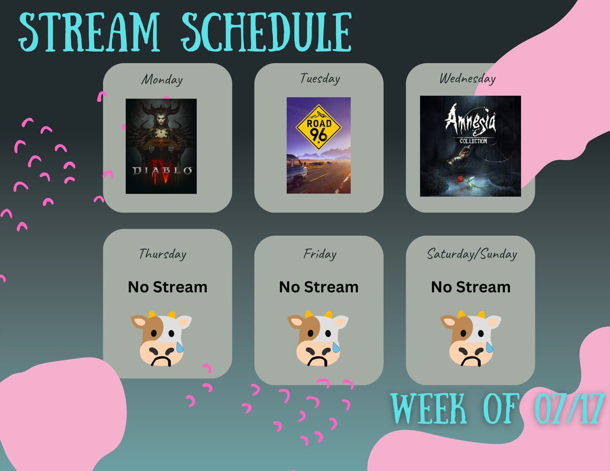 Here is next weeks schedule for streaming! finally getting back into the swing of things! 
twitch.tv/milkiiwhite
