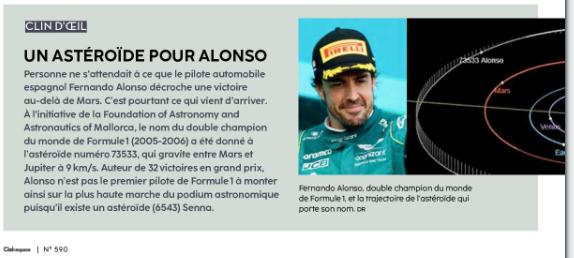thierrytalbert's tweet photo. Mais qui aurait pu croire ça ! 😂
Un astéroïde pour Alonso @MDuforest 

Lu dans ciel&amp;espace n°590 @cieletespace https://t.co/EDUSRvlaCy