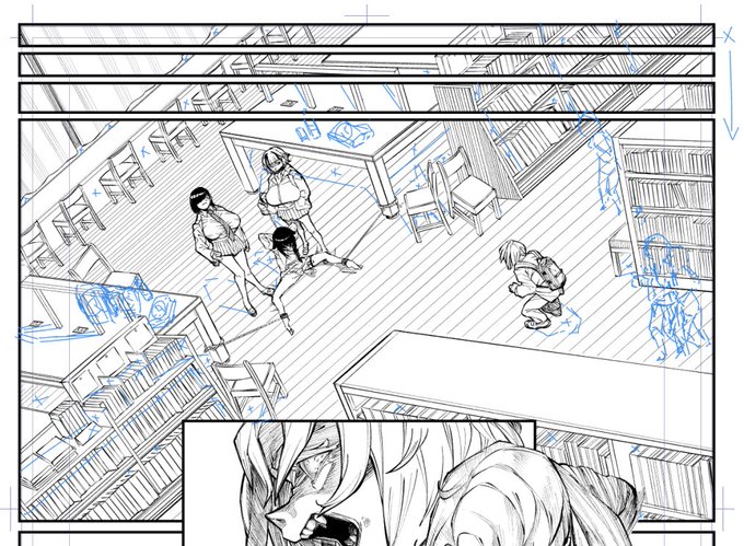 めんどくっさ!😭
今回は曲線パース使いたくなかったのでフラットな背景メインコマ
横は完全な平行、高さだけパース定規でとって奥行きは目パース。最奥以外の椅子と大きな机の2つのパースをずらしてオゴゴゴゴ。でもこの位の簡単な要素の塊なら3D使わなくても頑張ればなんとか… 