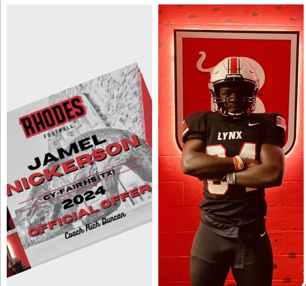jamelnickerson's tweet photo. I’m extremely honored to receive my first offer from @RhodesFootball. Thank you to @coachrichduncan for the amazing opportunity. @Txhusker3452 @BFND_Football @footwork_king1 @DelfonteDiamond @blaylock_23 https://t.co/MHVCcjgMZh