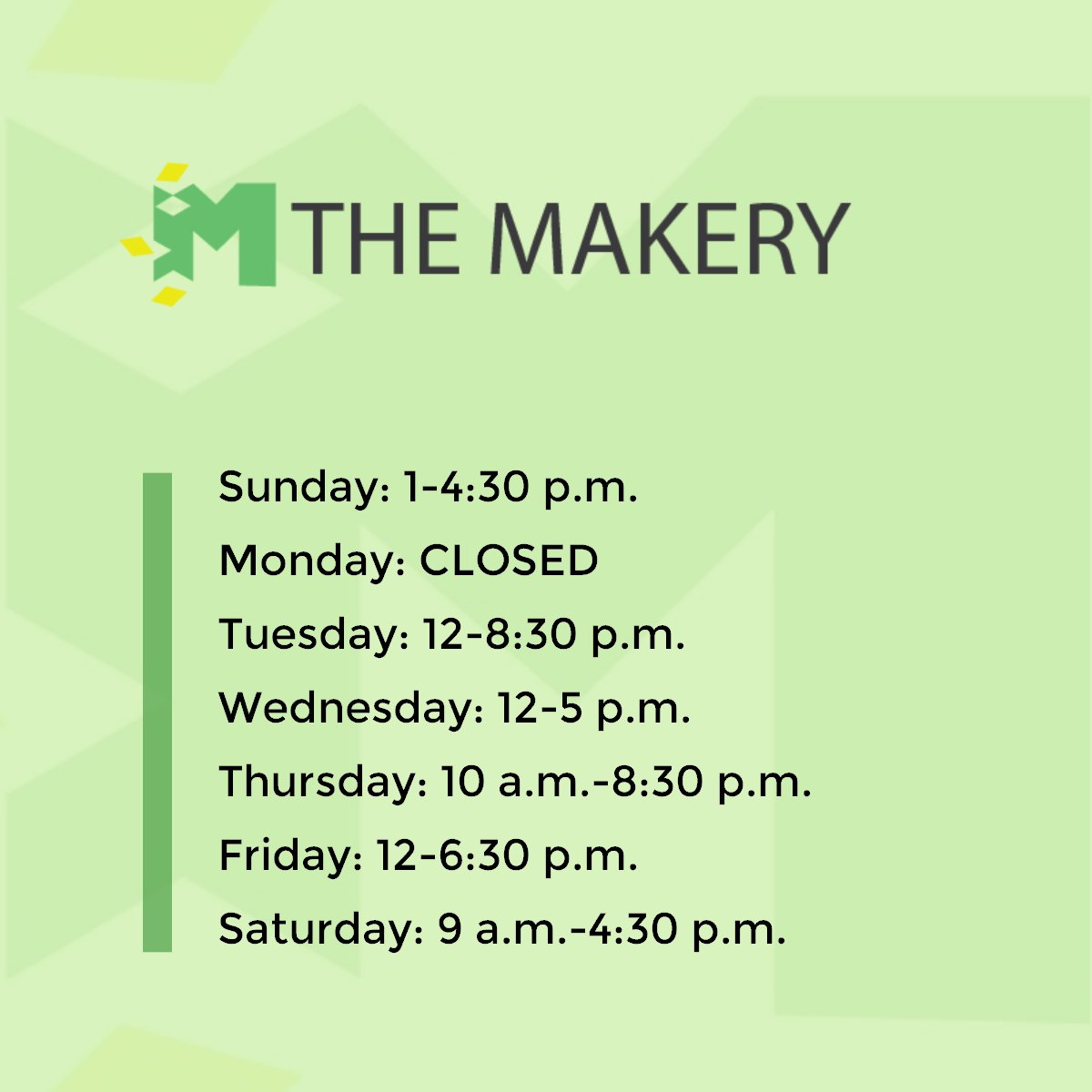 The Makery hours have changed slightly to meet the needs of our creative community!
In response to lower foot traffic on Fridays and patron requests for more morning hours, the Makery now opens at 10 a.m. on Thursdays and closes at 6:30 p.m. on Fridays.