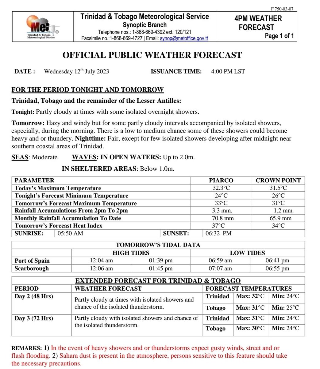 TTMetOffice's tweet photo. Here is the latest 3-Day Weather Forecast:
https://t.co/C6Y3T9XvHs
#tmetservice #ttmetoffice
#TrinidadandTobago #BeWeatherAware
#KnowYourWeather #KnowYourRisk https://t.co/Cr0p6QT8HR