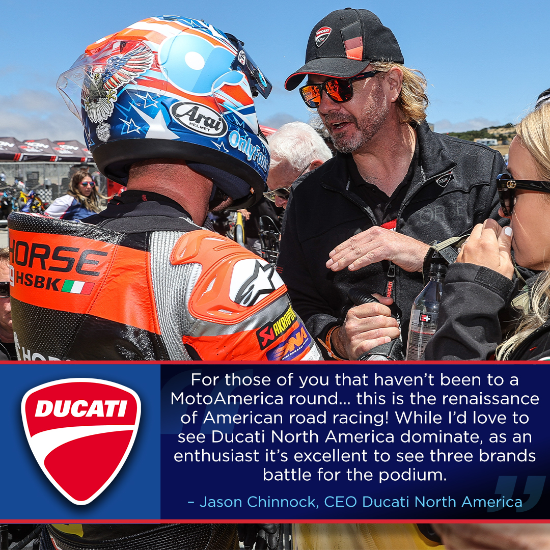 The American road racing renaissance is real. @DucatiUSA North America CEO Jason Chinnock attended the MotoAmerica Superbike Speedfest at Monterey, and he's a firm believer in MotoAmerica just like you and we are. Speed. Made In America. @joshherrin #motorcycle #racing #Ducati