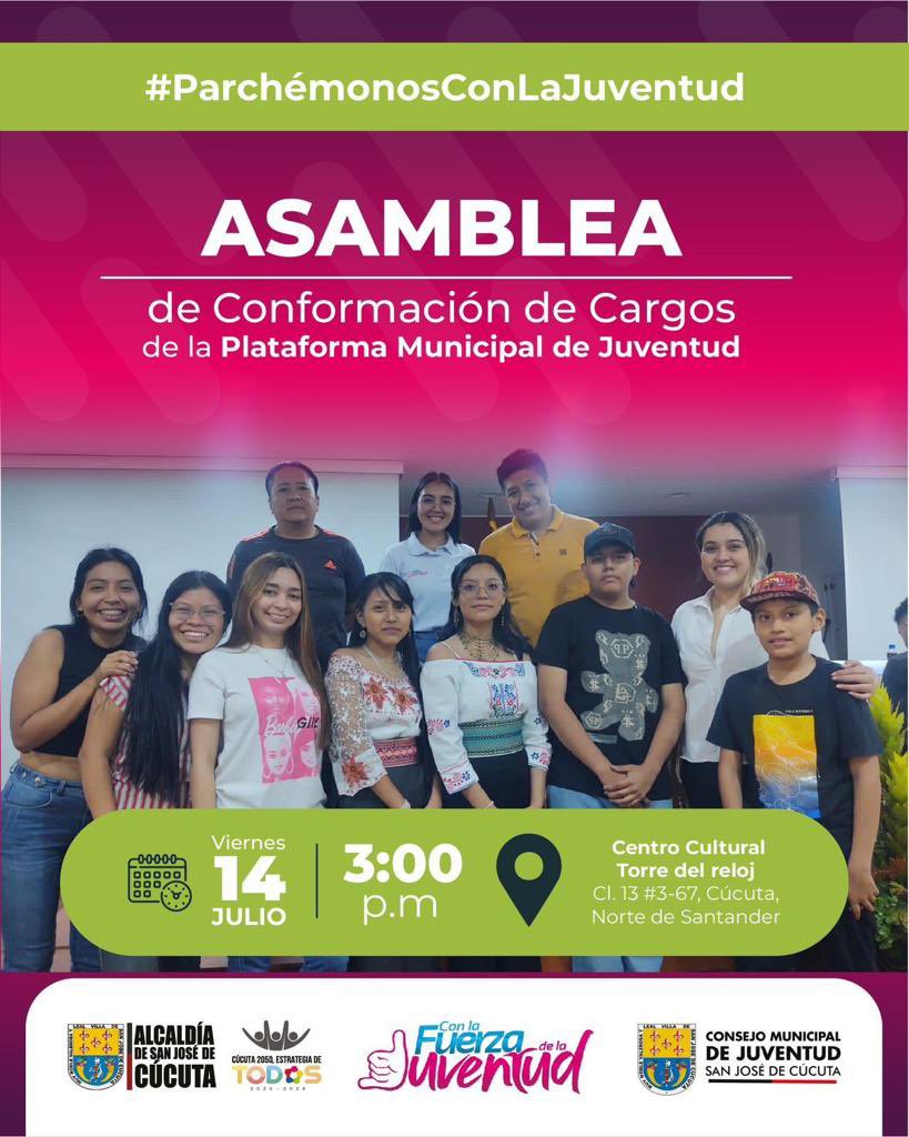 juventud_cucuta's tweet photo. #JuventudParticipativa Invitación: 🗳️

Te esperamos en la próxima Elección de Cargos de la Plataforma Municipal de Juventud de nuestro Municipio.

Viernes 14 de Julio 
Lugar: torre del reloj 
Hora: 3pm 
#cucuta #juventudes #nortedesantander #colombia #lideresjuveniles #juventud https://t.co/EiEivJ9BbO
