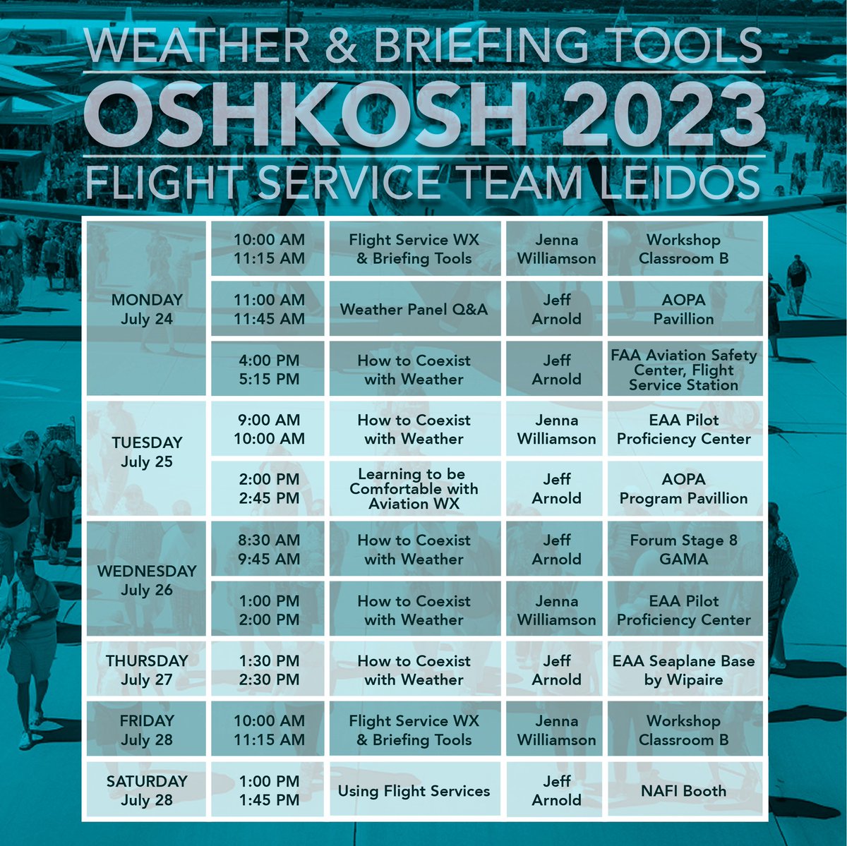 1800wxbrief's tweet image. 🙋‍♂️🙋‍♀️💫Connect with Flight Service Team @LeidosInc experts at #OSH23. Attend one or more of our @EAA AirVenture Forums to learn about the critical nature of WX and how to develop self-briefing skills that build self-confidence and reduce safety risks. #avgeeks #flightservice