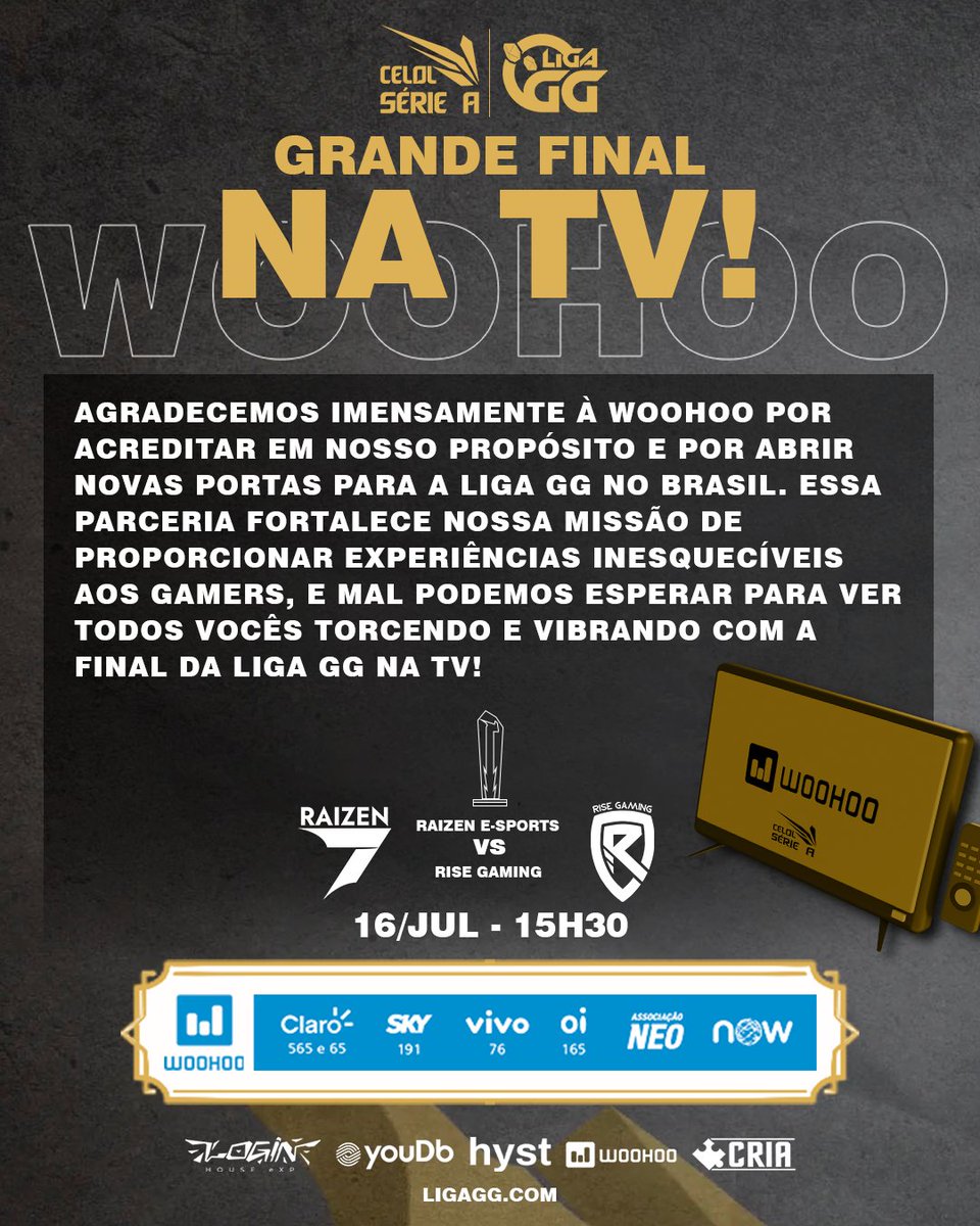 A Liga GG está prestes a fazer história no cenário gamer brasileiro! 🌟 Estamos empolgados em anunciar que a final do torneio será transmitida AO VIVO na TV pela primeira vez! 📺 E quem nos proporcionou essa oportunidade incrível? Nada menos que a <a href="/WoohooGame/">Woohoo Games</a> , nossa parceira