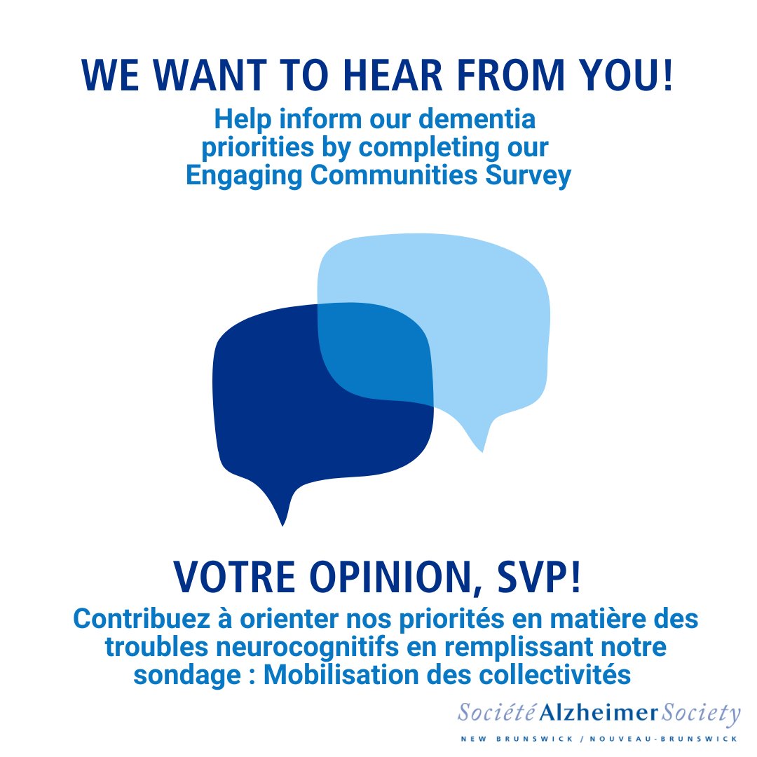 Contribuez à informer le futur des troubles neurocognitifs au N.-B.! Faites entendre votre voix sur les priorités liées aux troubles neurocognitifs après la pandémie.. Pour participer au  sondage Mobilisation des collectivités, cliquez ici : bit.ly/44GDvoE