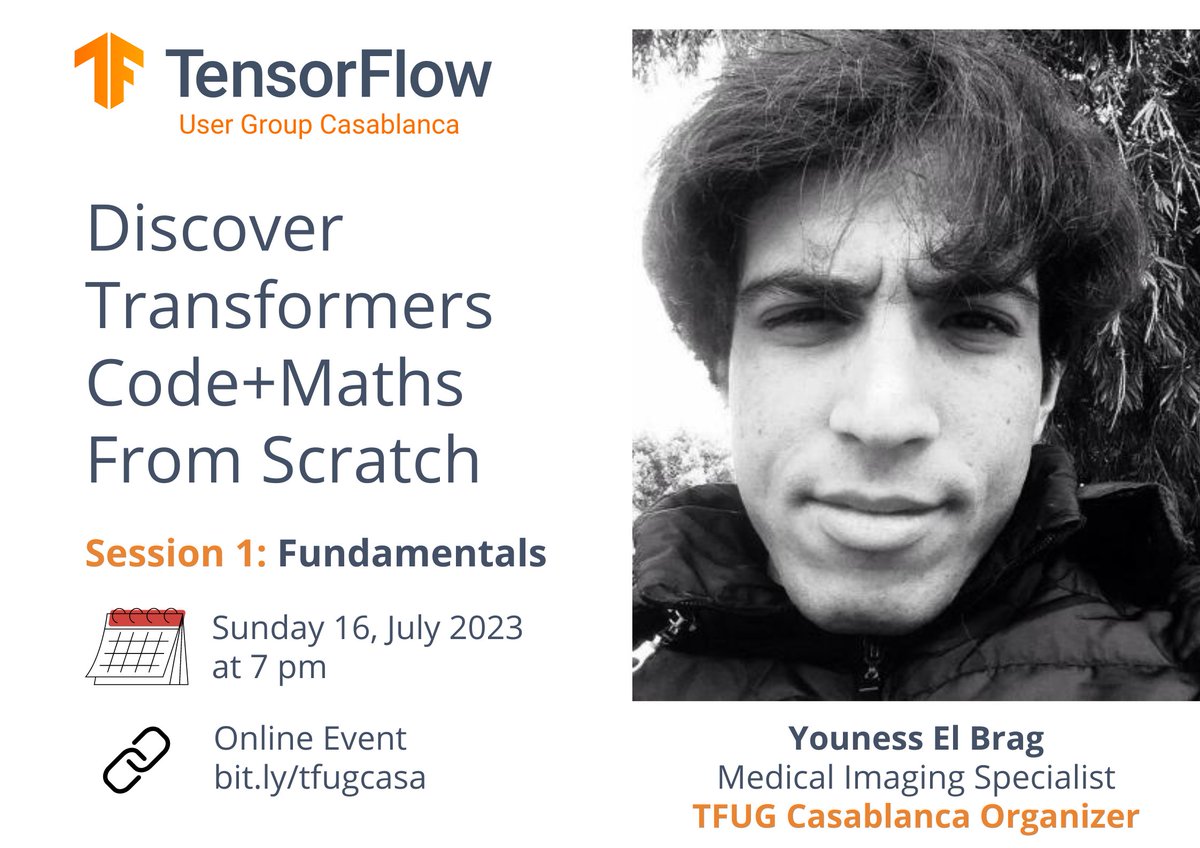 TensorflowC's tweet photo. Salam #TFUGCasa Community, Jebna likoum Transformers m3a @ElbragYouness
lmoufid houwa:
- 3endna 3 sessions: Fundamentals, ou 2 sessions pratique 
- Awal session ghatkoun nhare l7ed m3a 7pm - Kifma l3ada ghanstreamiw f YT ou hna fel groupe 
#ML #MENA #Transformers📷 #TFUGCasa https://t.co/hllvZA2djw