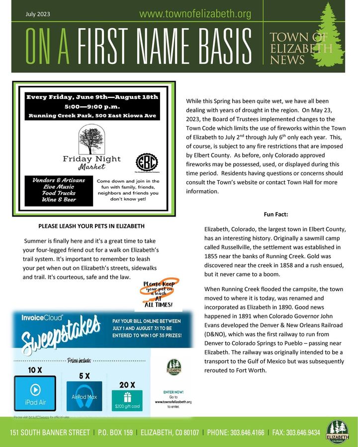 The July Issue 'On a First Name Basis' includes information on paying your bill online sweepstakes, leash requirements, fun facts, landscape irrigation and save the date for movie night on the big outdoor screen.  Check It Out!  #CommunityThroughCommunication #MyElizabeth