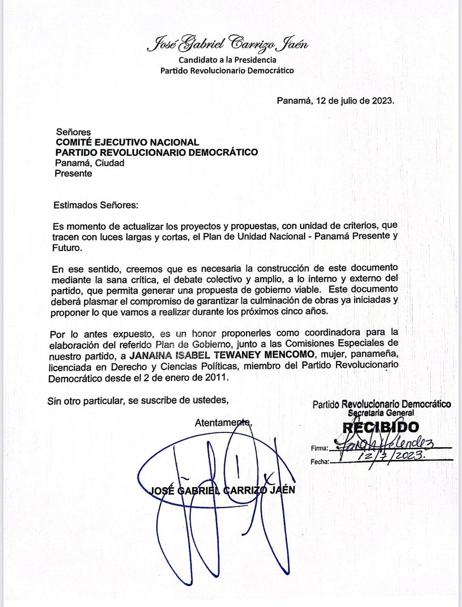 PRDesPanama's tweet photo. Nuestro candidato presidencial  @gabycarrizoj presentó al Comité Ejecutivo Nacional la propuesta de que Janaina Tewaney Mencomo, coordinara junto a las Comisiones Especiales, la elaboración del Plan de Unidad Nacional - Panamá Presente y Futuro.

#PRDesPanama @JanainaGob https://t.co/jOXYWqC8lC