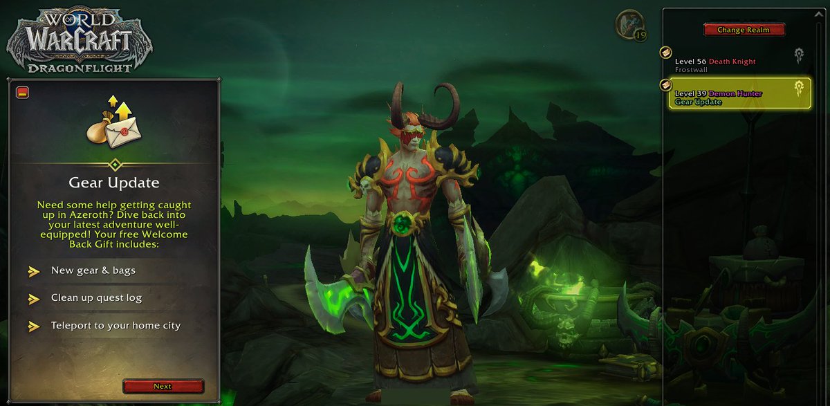 I wasn't expecting the new 'Gear Update' option to to skip the entire #DemonHunter starting zone!

I created this character prior to the level squish, to get it at level 39!

#WoW #Warcraft #WorldofWarcraft