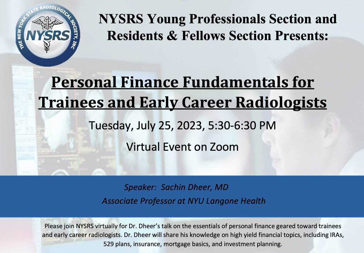 NYSRS RFS (@nysrs_rfs) on Twitter photo Please join us for an informative talk on personal finance for trainees or early career radiologists. RSVP link is forms.gle/8d9zg7KKi5xzMM…
<a href="/NYSRSociety/">NYSRS, Inc</a> Please join us for an informative talk on personal finance for trainees or early career radiologists. RSVP link is forms.gle/8d9zg7KKi5xzMM…
<a href="/NYSRSociety/">NYSRS, Inc</a>