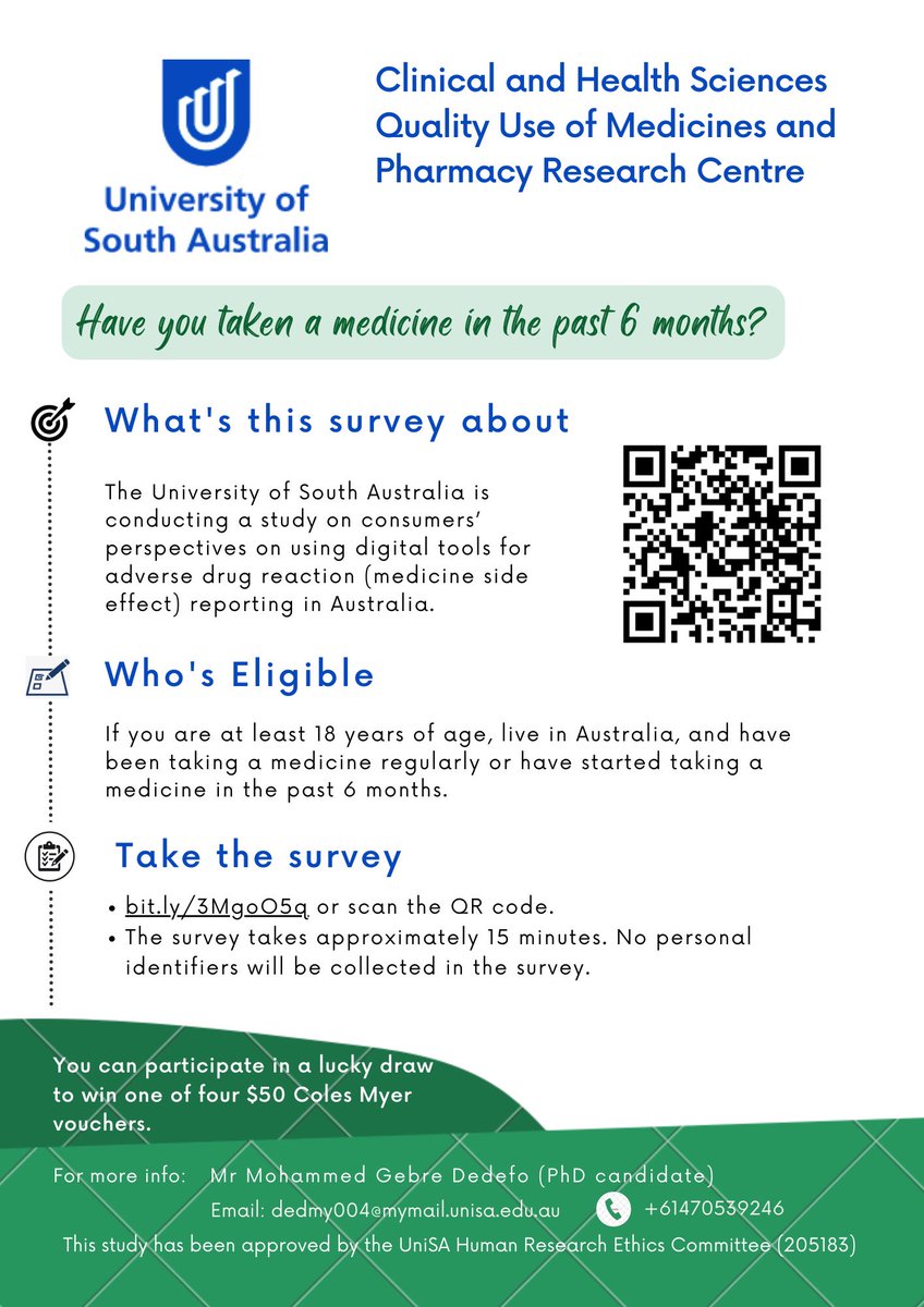 Hi Everyone, this survey is still open. If you are living in Australia and have taken a prescribed or over-the-counter medicine in the past 6 months, we invite you to participate in this study. 
Survey link: bit.ly/3MgoO5q

Please share with your networks.