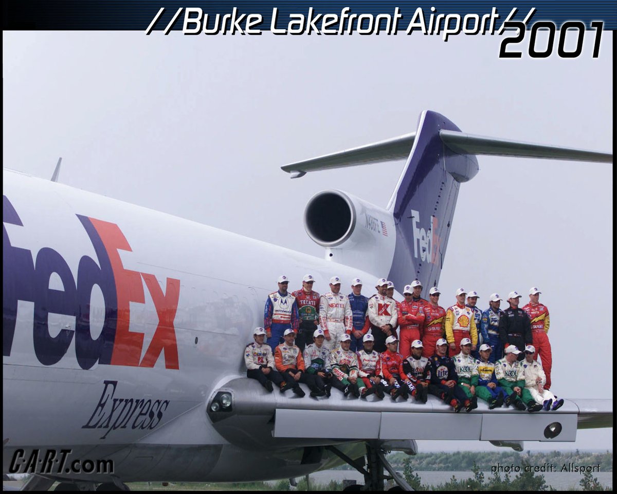 Drivers participating in the 2001 Cleveland Grand Prix get their picture taken while on the wing of a FedEx plane.
#IndyCar