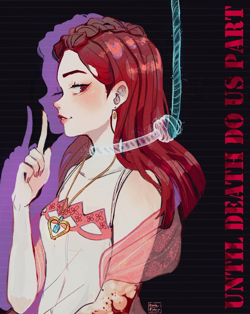 1girl jewelry solo earrings red hair long hair index finger raised  illustration images