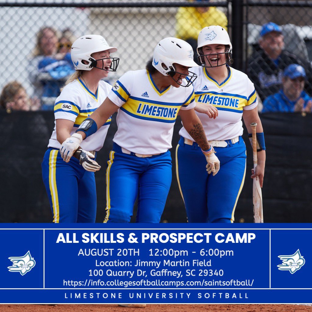 Limestone University Softball All Skills &amp; Prospect Camp 

Jimmy Martin Field 
100 Quarry Dr, Gaffney, SC

SUNDAY, AUGUST 20TH  12:00pm - 6:00pm

Sign Up Today:
info.collegesoftballcamps.com/saintsoftball/ 

💙💛🤍